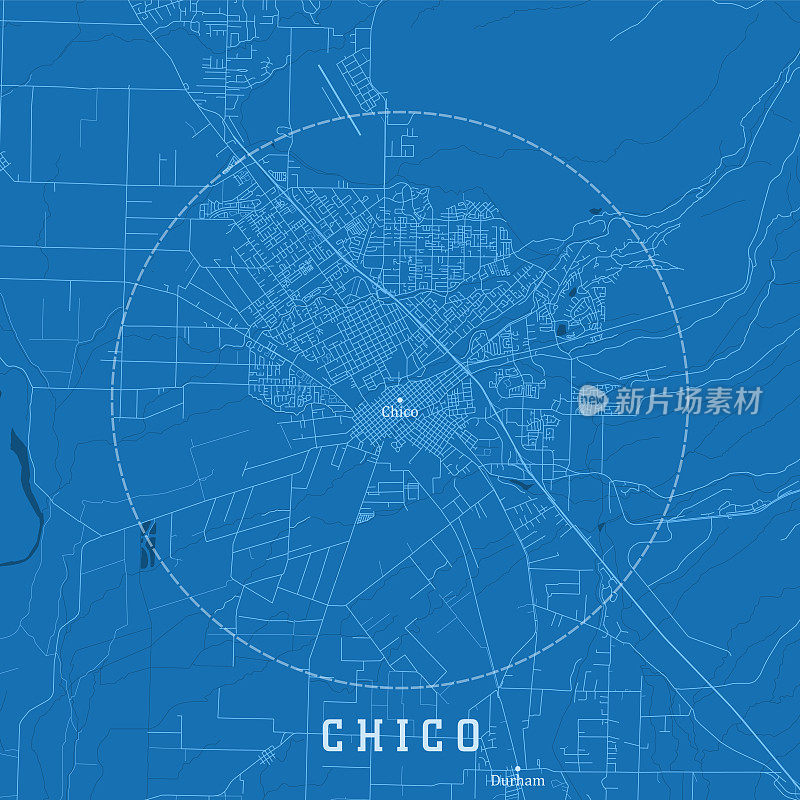 Chico CA城市矢量道路地图蓝色文本